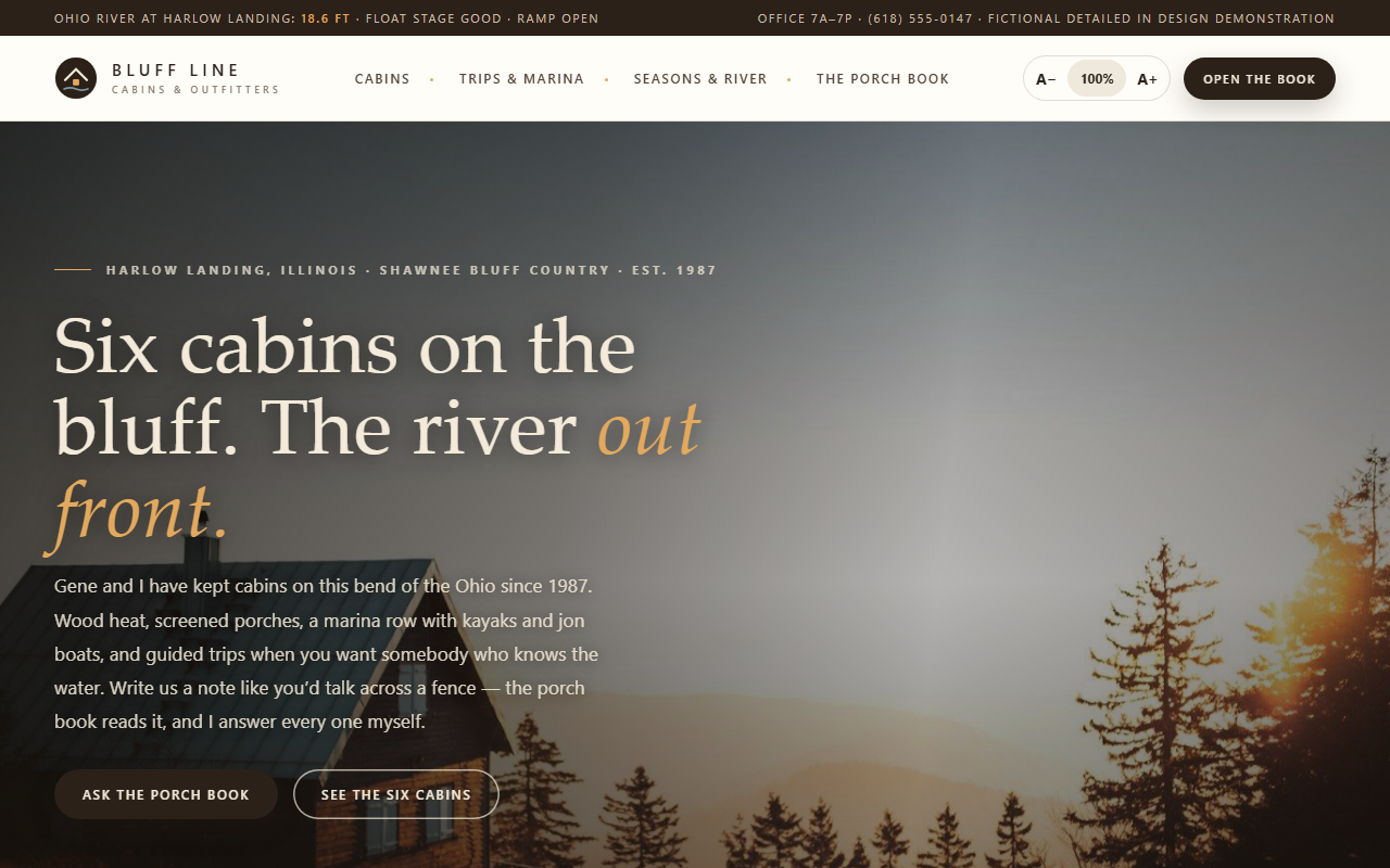 Bluff Line Cabins & Outfitters website homepage
