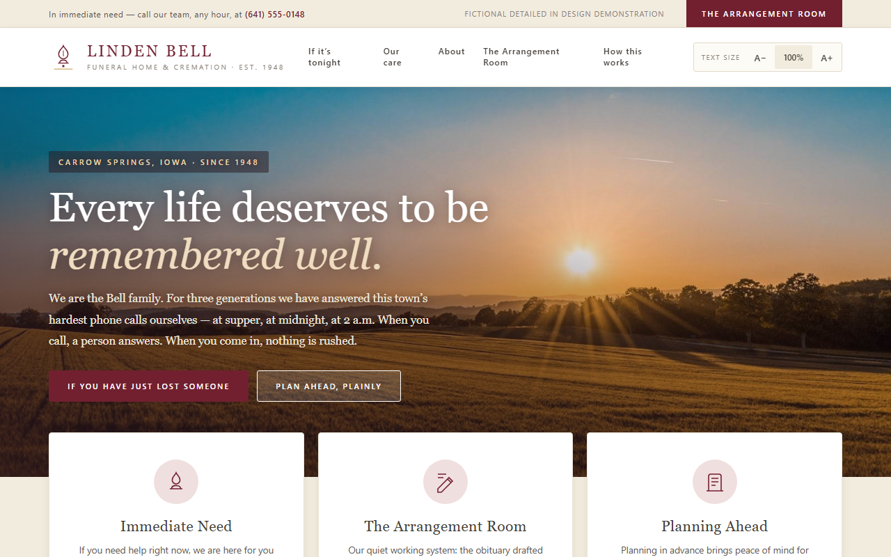 Linden Bell Funeral Home & Cremation website homepage